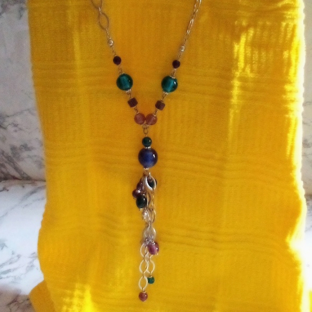Long Silver Tone Metal Multi-Color Glass Bead Tassel Necklace